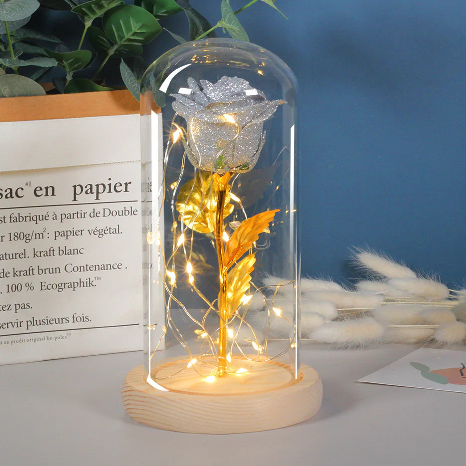 Timeless Eternal Rose in Transparent Dome with Soft Lighting, Perfect for Valentine’s Day or Anniversary Themes