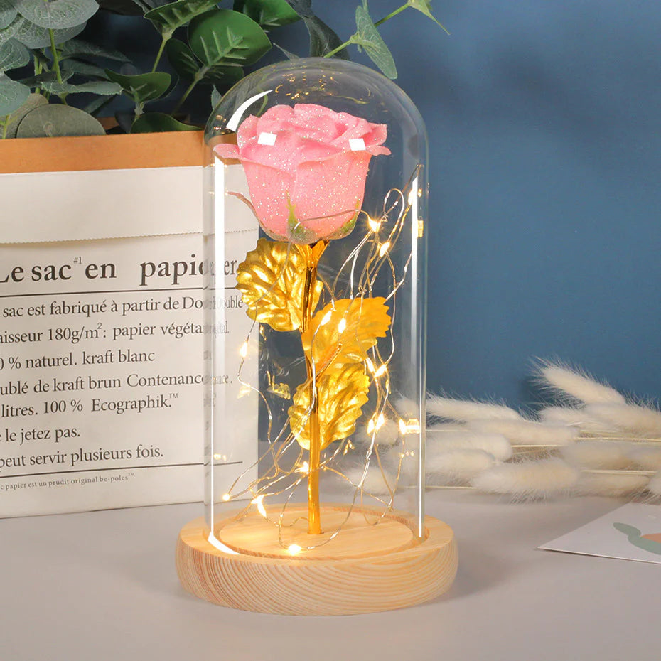 Timeless Eternal Rose in Transparent Dome with Soft Lighting, Perfect for Valentine’s Day or Anniversary Themes